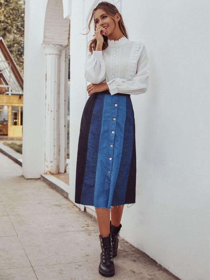 shestar wholesale color-blocking button decor denim skirt
